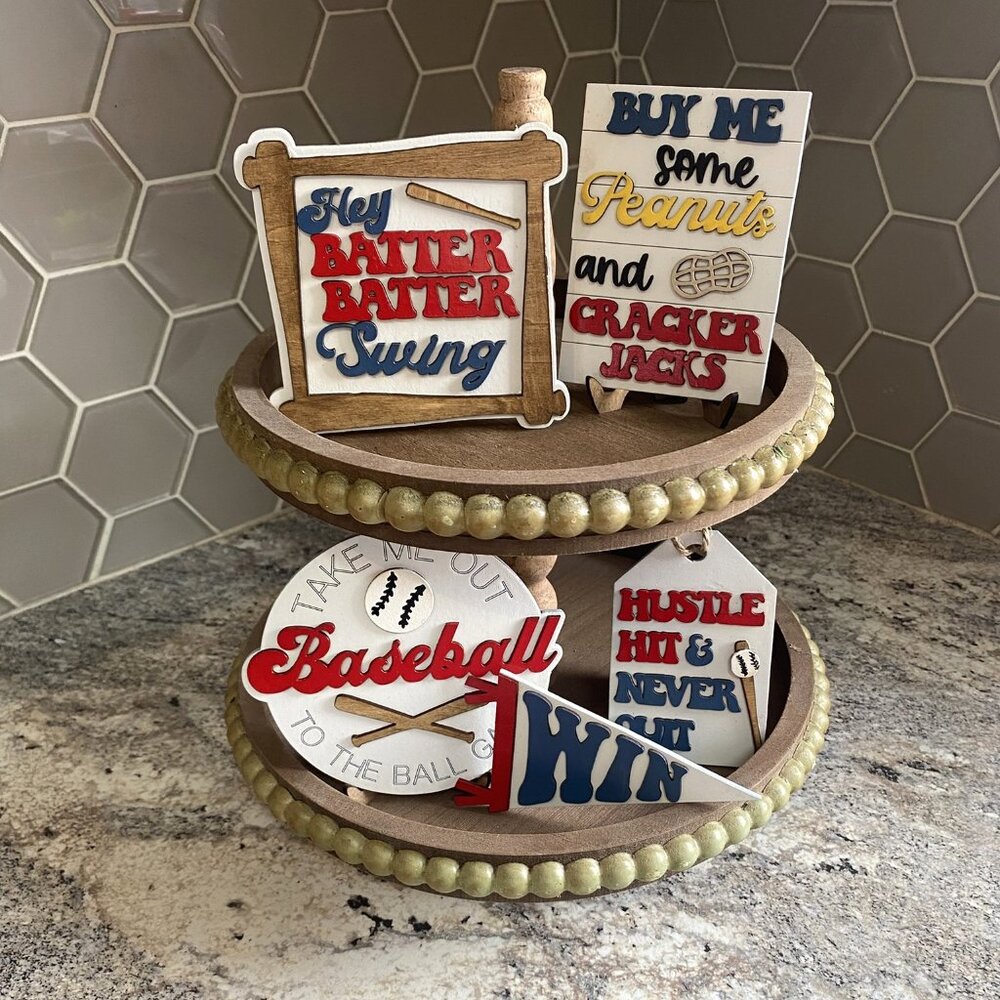 Handmade Take Me Out To The Ballgame Tiered Tray Decor Baseball Sport 7Pieces